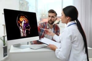 Dallas neurologist discusses awake craniotomy with patient.
